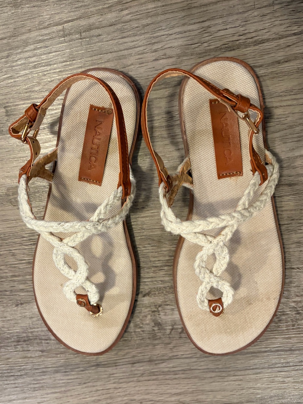 Nautica Women's Cream Braided Thong Sandals with Tan Accents